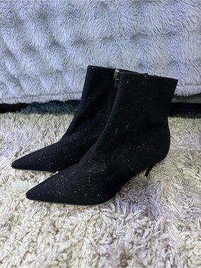 Black Glitter Sparkly Pointed Kitten Heel Ankle Boots
